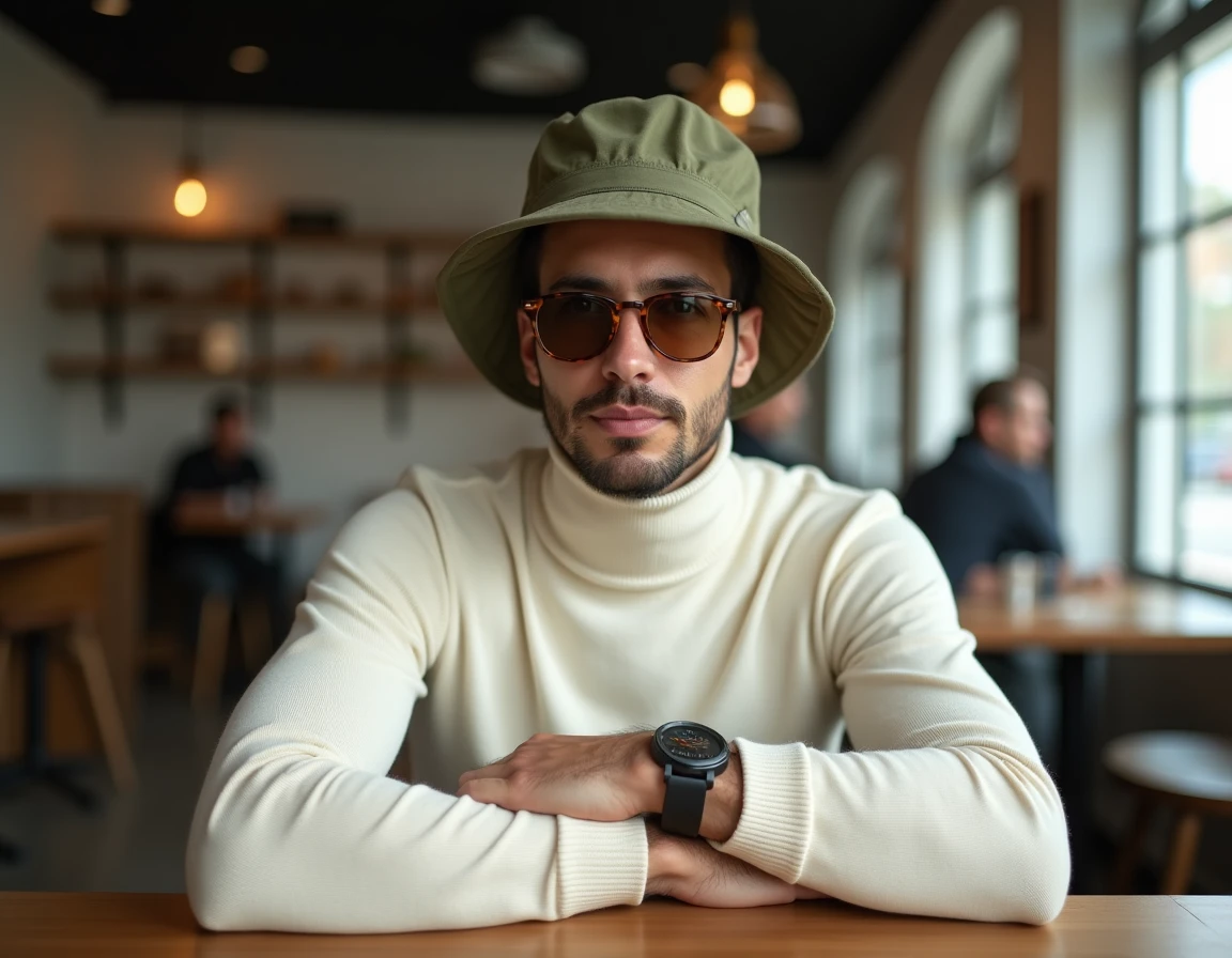 Homme portant un bob vintage en toile, lunettes ovales écaille et montre rétro dans un café minimaliste, accessoires tendance 2026