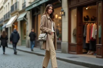 Femme portant des accessoires tendance années 2000 remis au goût du jour en 2026, mini sac métallique et chaussures plateformes dans une rue parisienne