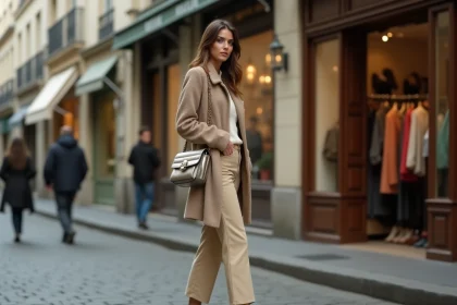 Femme portant des accessoires tendance années 2000 remis au goût du jour en 2026, mini sac métallique et chaussures plateformes dans une rue parisienne