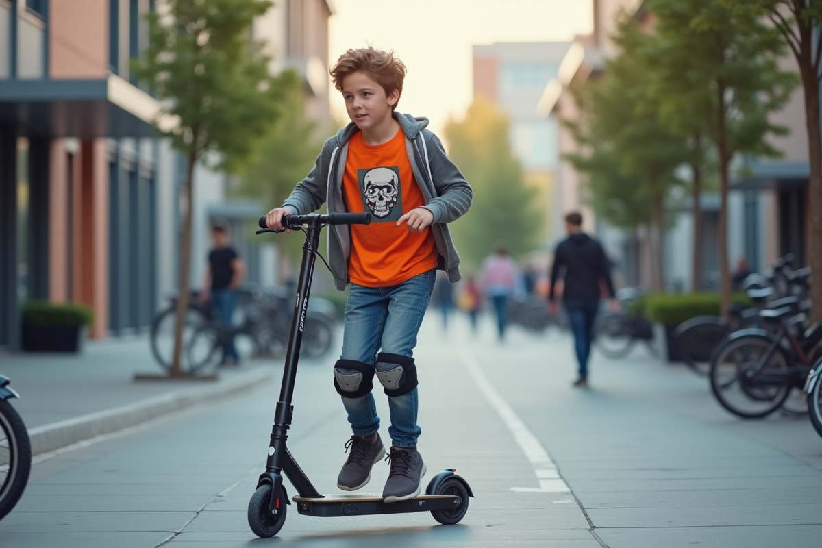 Adolescent poussant un scooter dans la rue urbaine