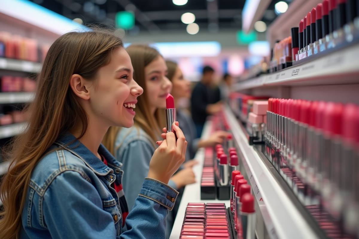 Jeune fille essayant différents rouges à lèvres en magasin
