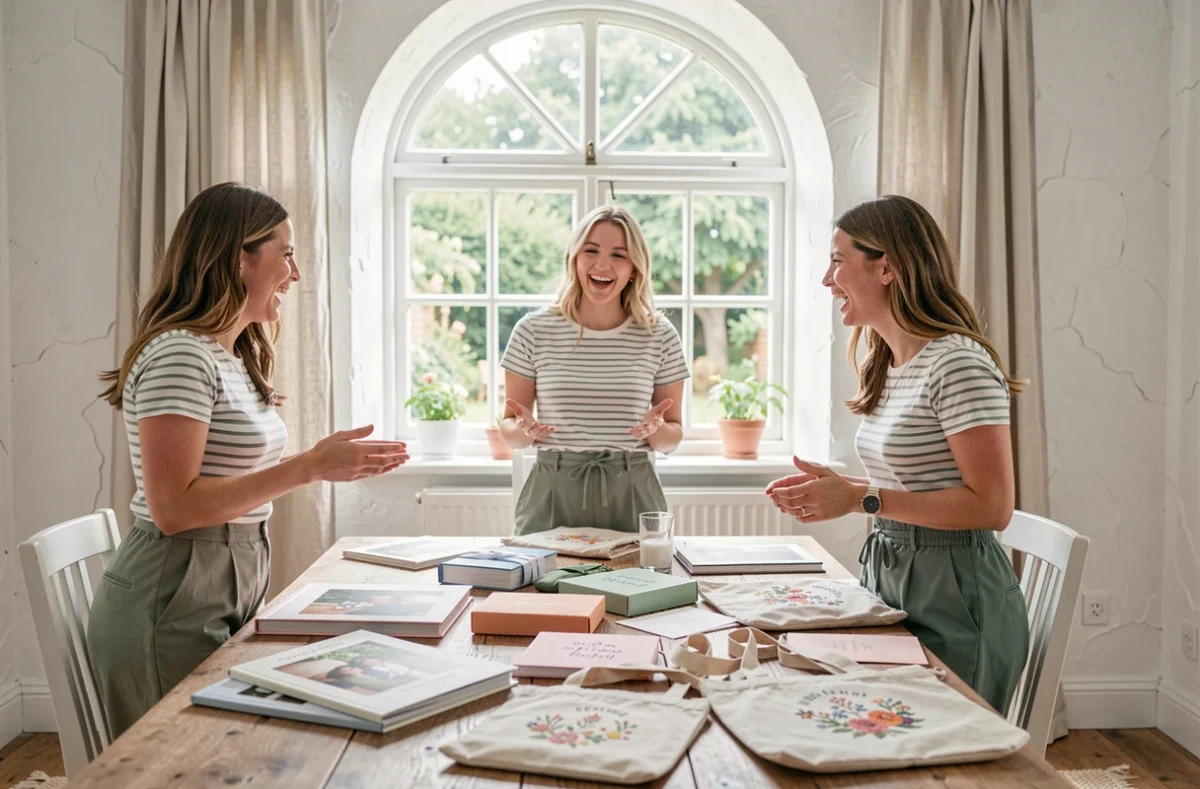 Trois amies réunies autour d'une table avec des cadeaux personnalisés variés dans un salon lumineux et décoré