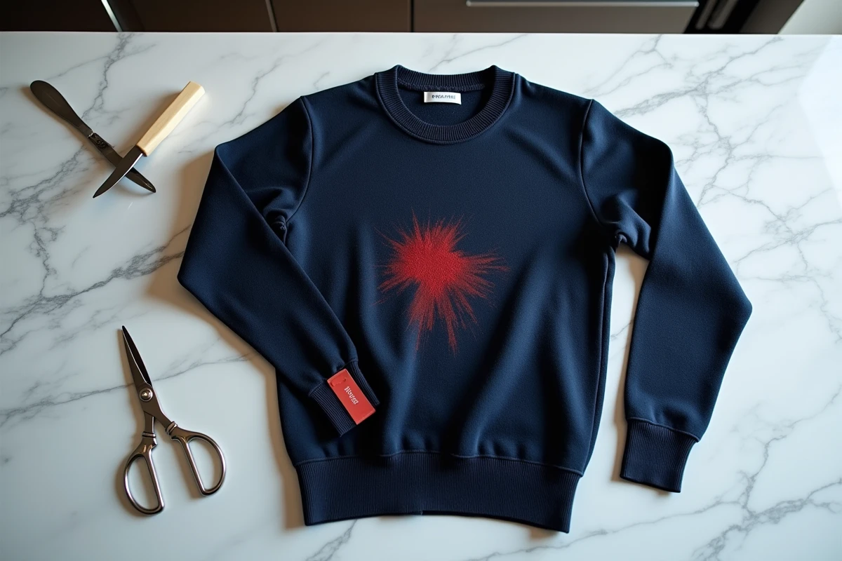 Antivol à encre rouge sur pull en laine marine avec tache visible causée par une tentative de retrait maladroite