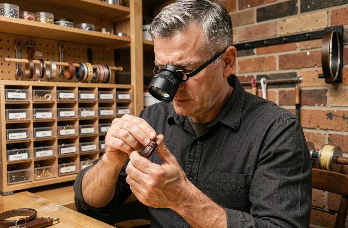 Artisan bijoutier inspectant à la loupe les finitions d'un bracelet en cuir et métal dans un atelier professionnel