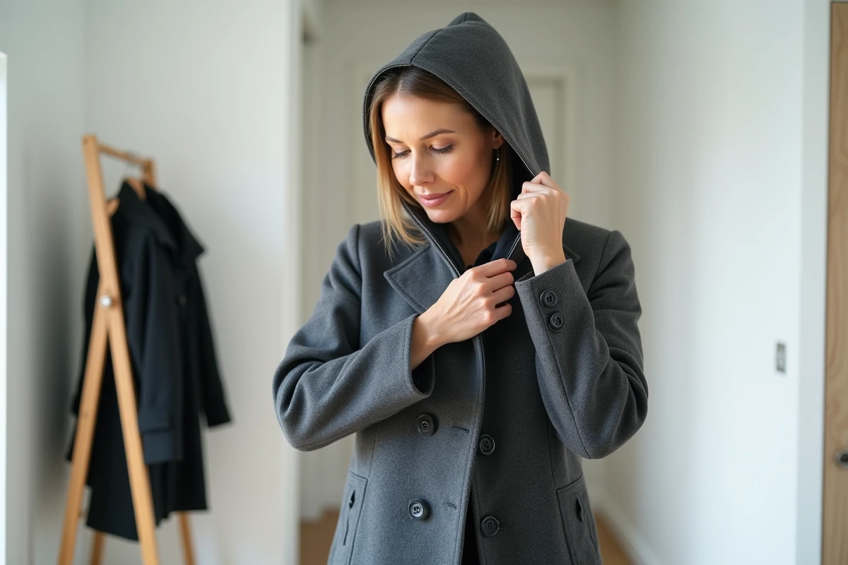 Femme fixant une capuche amovible sur un manteau gris charbon dans un couloir int&eacute;rieur minimaliste