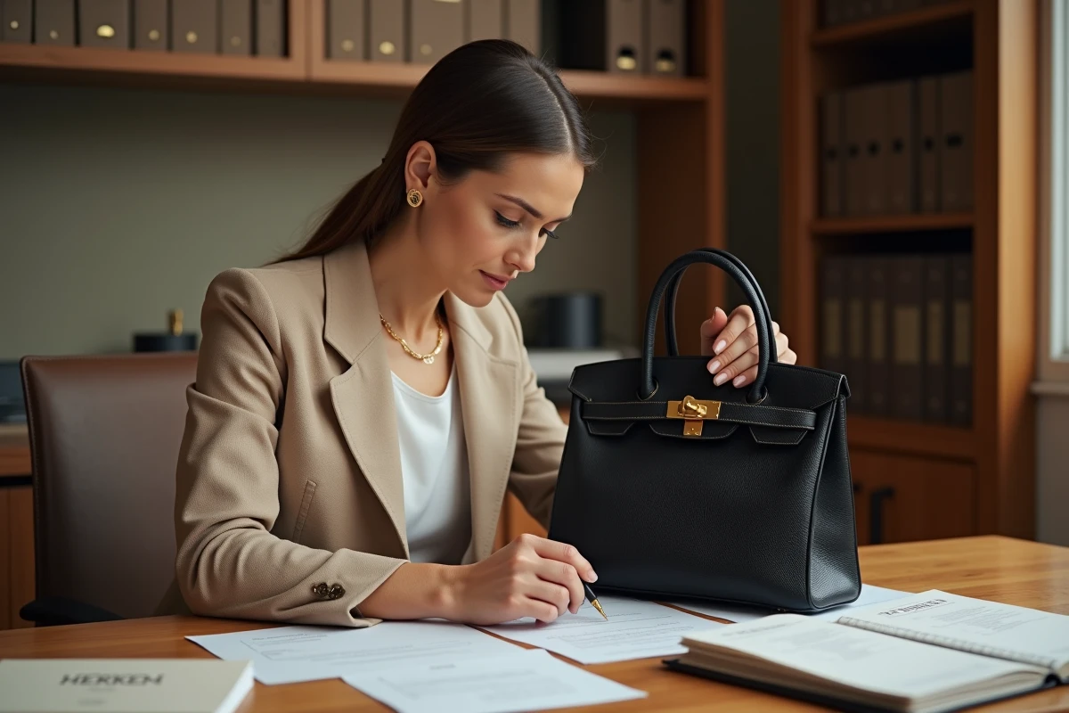 Femme experte examinant l'intérieur d'un sac Hermès Birkin 30 noir lors d'une séance d'authentification dans un bureau professionnel