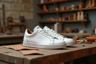 Paire de baskets fabriquées en France posée sur un établi d'artisan cordonnier avec étiquette tricolore visible