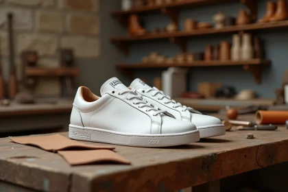 Paire de baskets fabriquées en France posée sur un établi d'artisan cordonnier avec étiquette tricolore visible