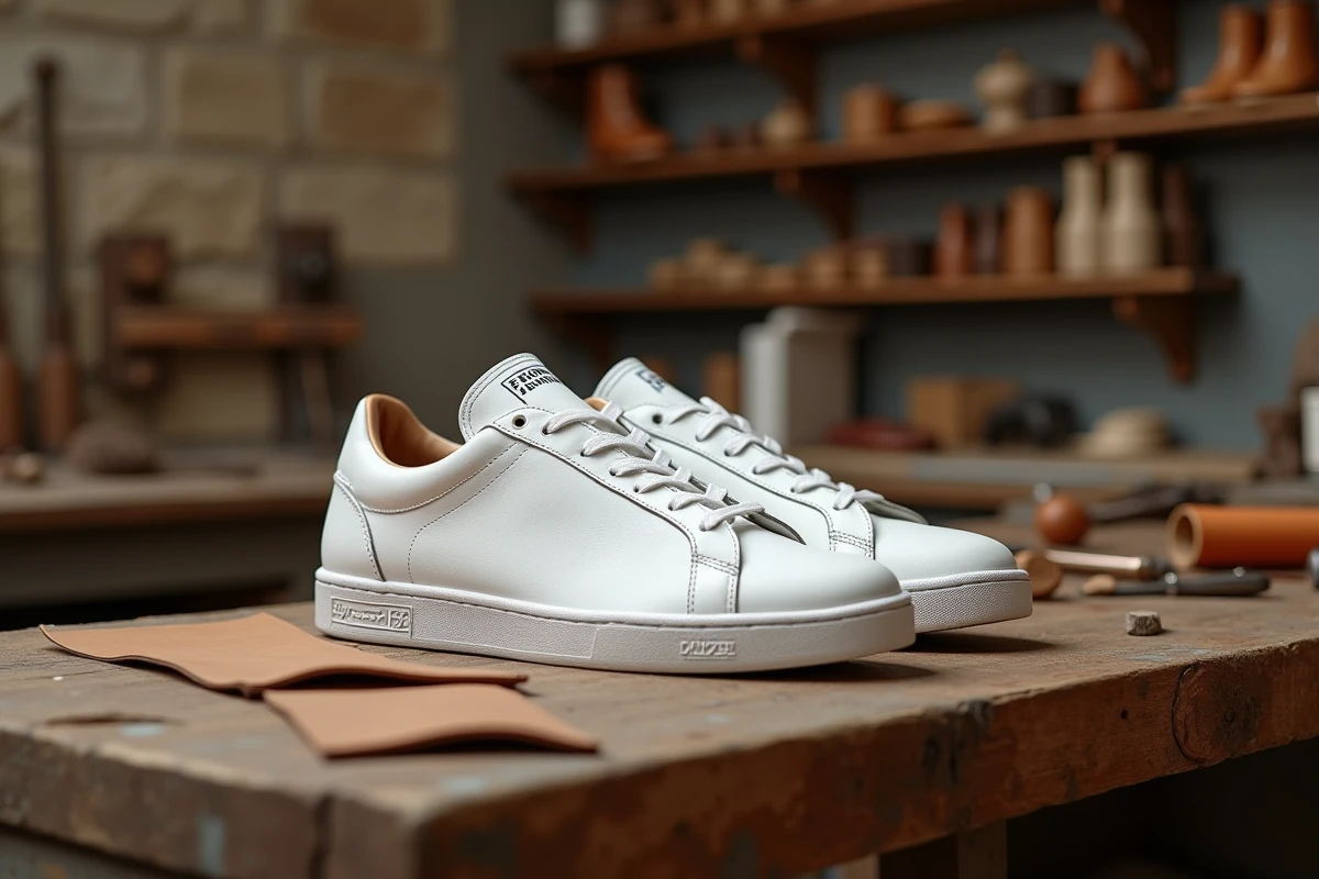 Paire de baskets fabriquées en France posée sur un établi d'artisan cordonnier avec étiquette tricolore visible