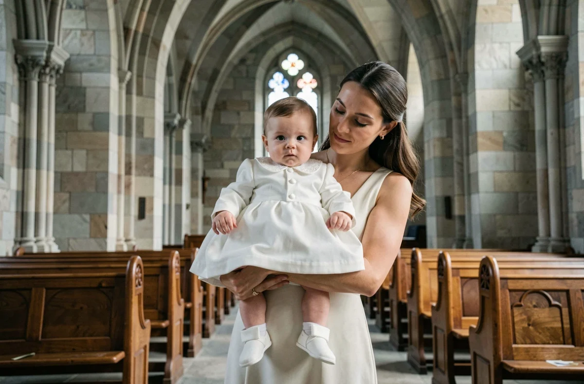 Bébé garçon en tenue de baptême blanche dans les bras de sa mère à l'intérieur d'une église en pierre