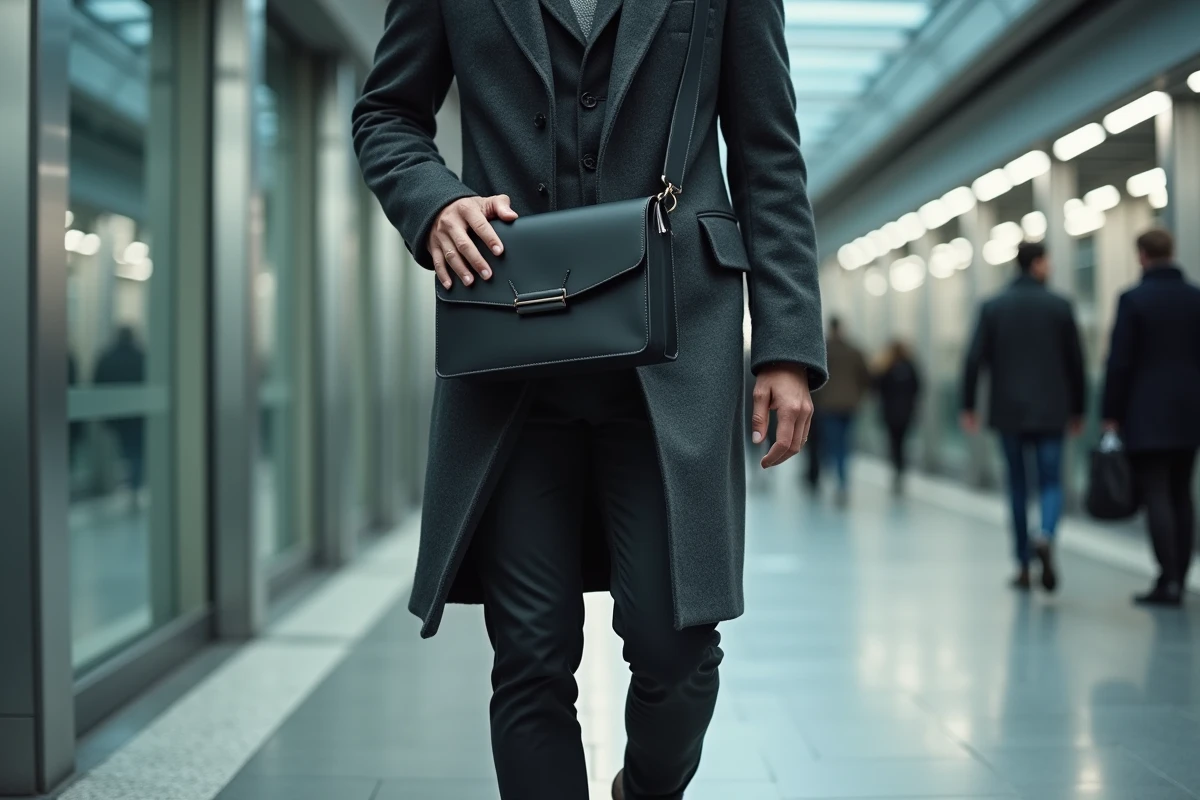 Homme en manteau portant une besace en cuir noire sécurisée dans une station de métro moderne lors d'un trajet quotidien