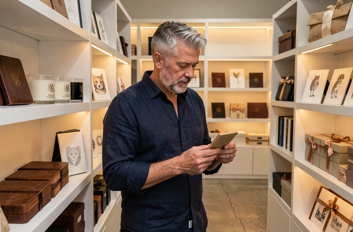 Homme d'âge mûr explorant une boutique de cadeaux personnalisés avec articles gravés et carnets monogrammés