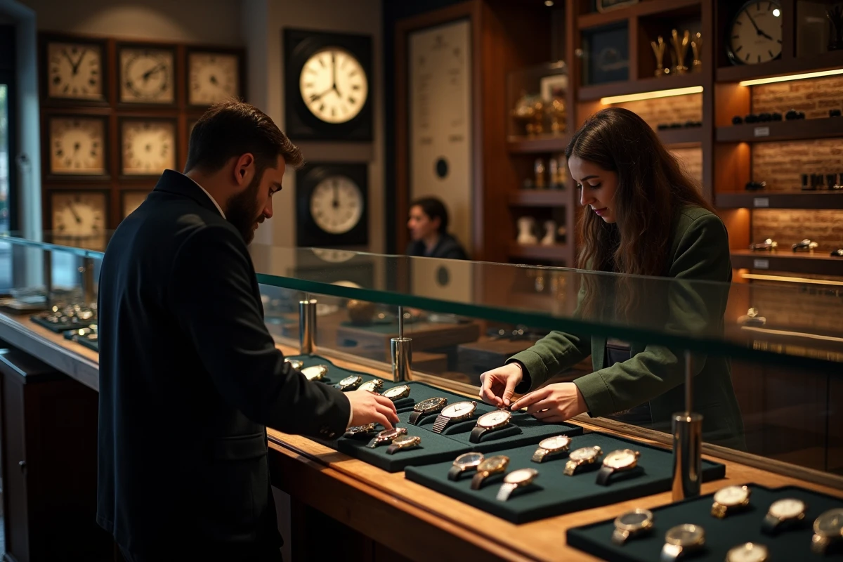 Couple inspectant des montres de luxe d'occasion dans une boutique de montres vintage, évoquant l'achat sur le marché gris horloger