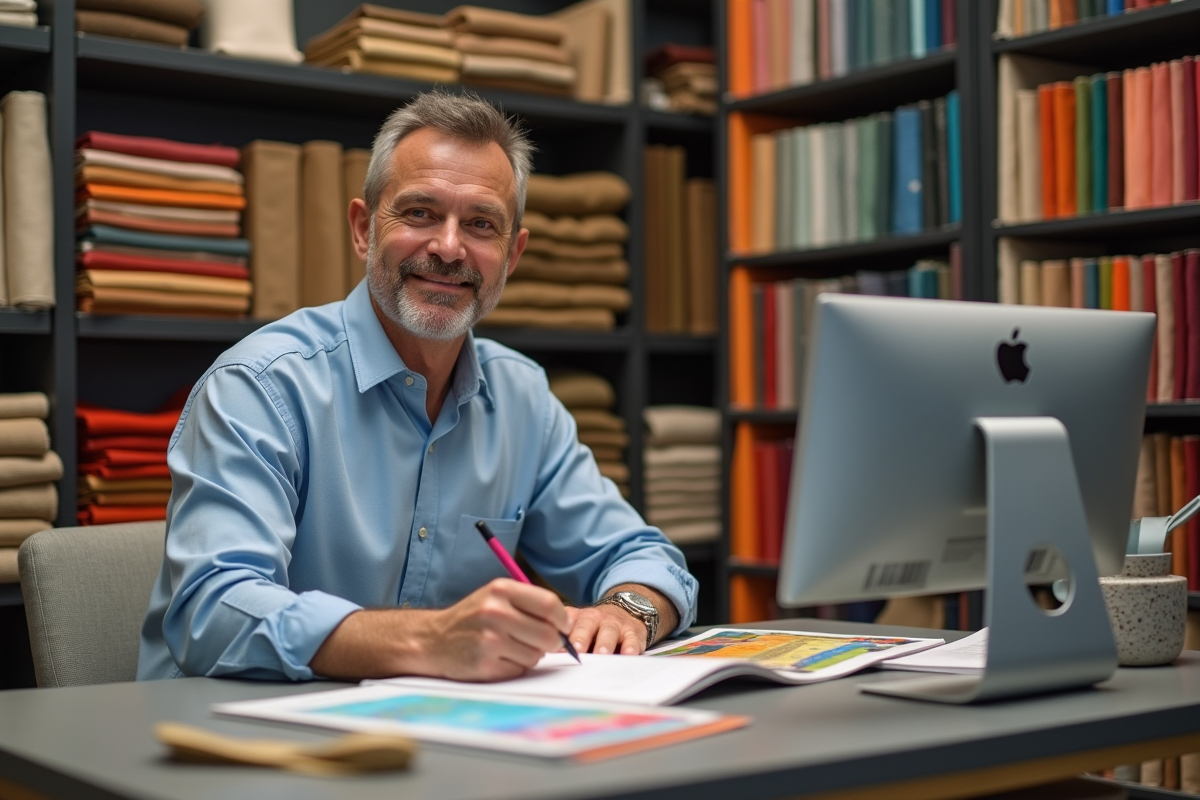 Proprietaire de boutique vérifiant des catalogues de tissus dans son showroom