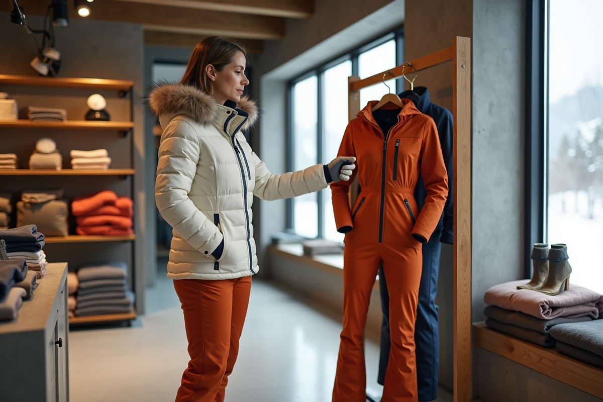 Femme examinant des vêtements de ski haut de gamme dans une boutique de sport luxueuse en montagne