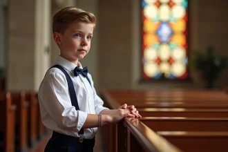 Jeune garçon en tenue de communion portant un bracelet argenté avec croix dans une église en pierre