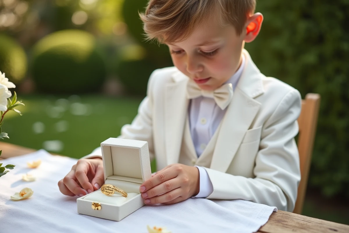 Garçon découvrant son bracelet de communion dans un écrin doré lors d'une réception en jardin