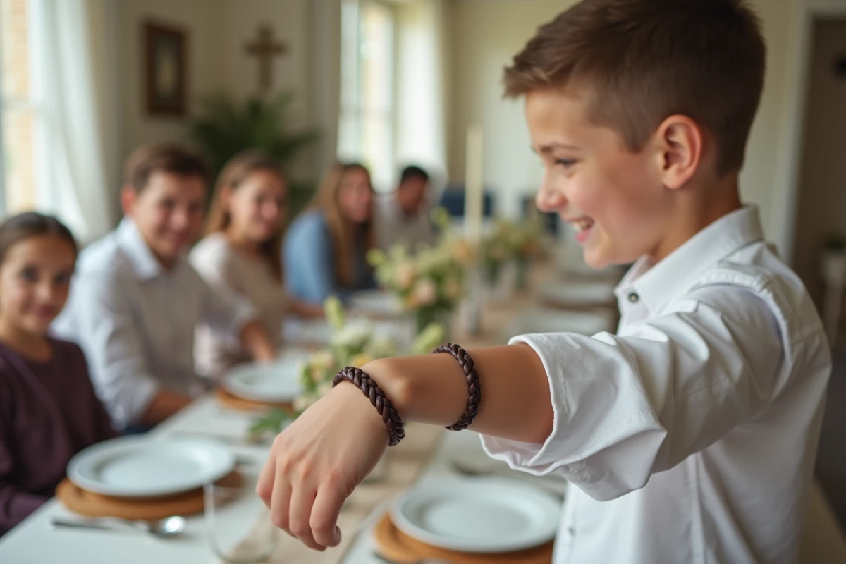 Garçon montrant fièrement son bracelet de communion en cuir et argent lors du repas de famille
