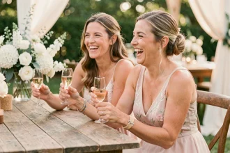 Deux témoins de mariage portant des bracelets cordon assortis lors d'une réception en jardin