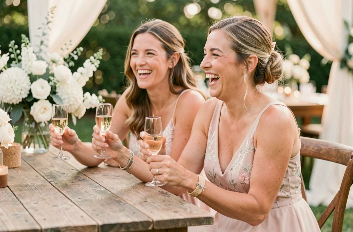 Deux témoins de mariage portant des bracelets cordon assortis lors d'une réception en jardin