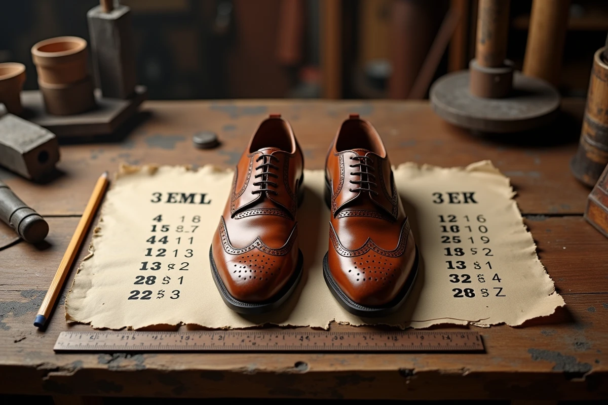 Paire de brogues en cuir marron posée à côté d'un tableau de conversion de tailles FR et UK sur papier