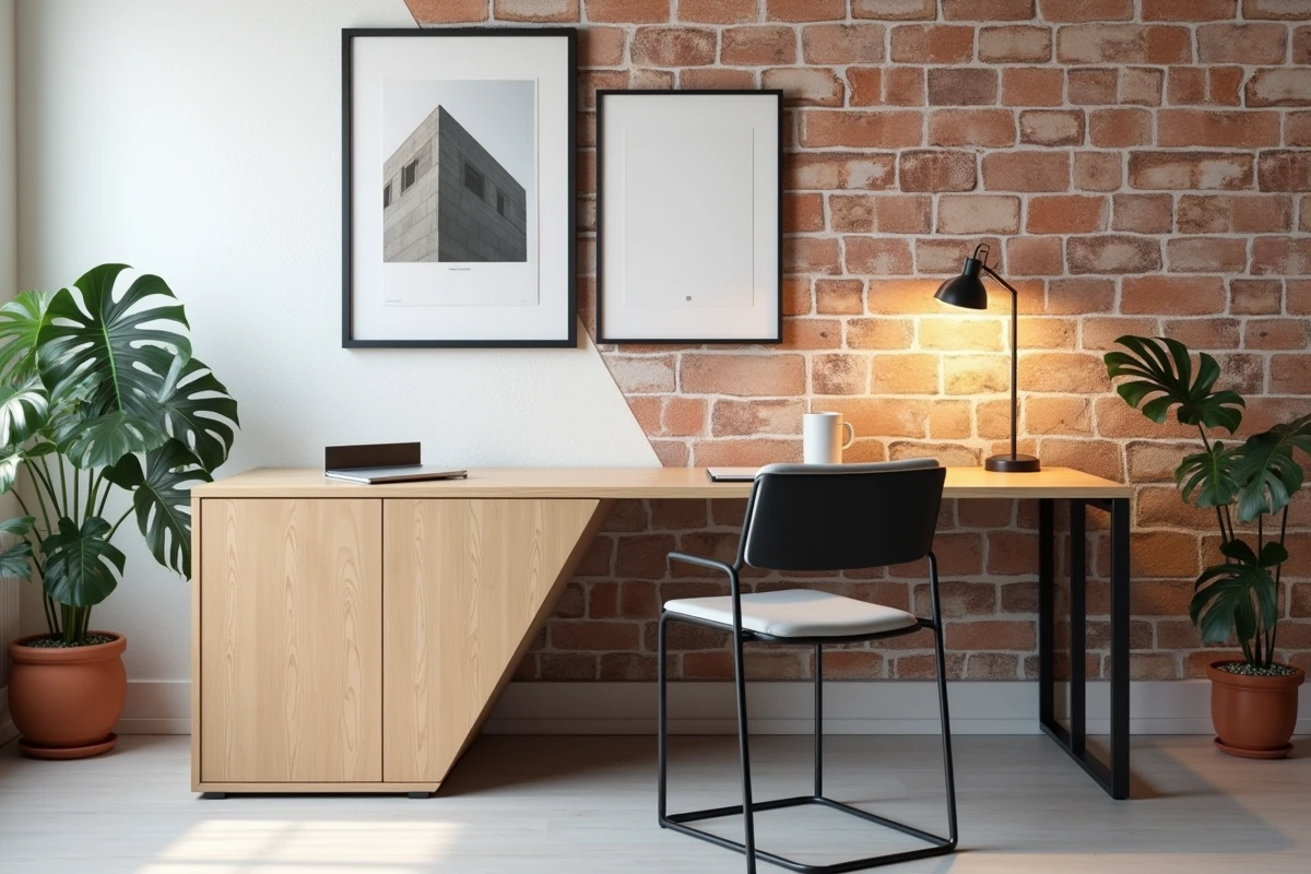 Bureau design en forme de trapèze en placage de bouleau dans un coin bureau moderne avec mur en brique blanchie