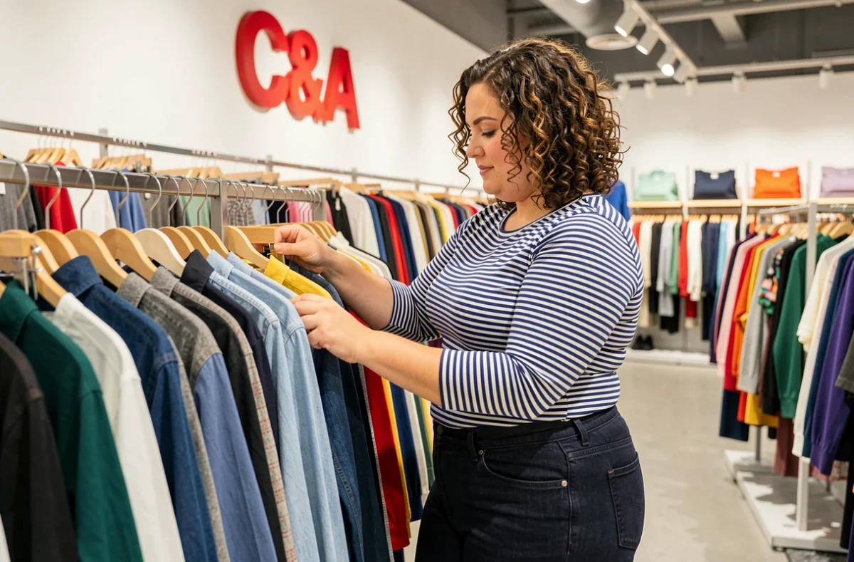 Une cliente grande taille parcourant les rayons de vêtements dans le magasin C&A de Saint-Denis