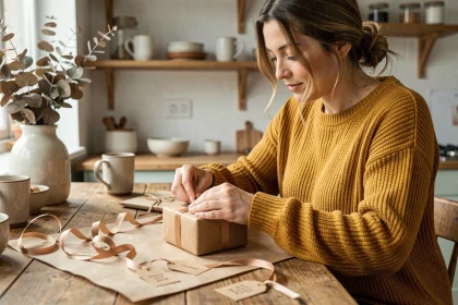 Femme préparant un cadeau personnalisé fait main dans une cuisine scandinave en bois avec rubans et étiquettes cadeaux