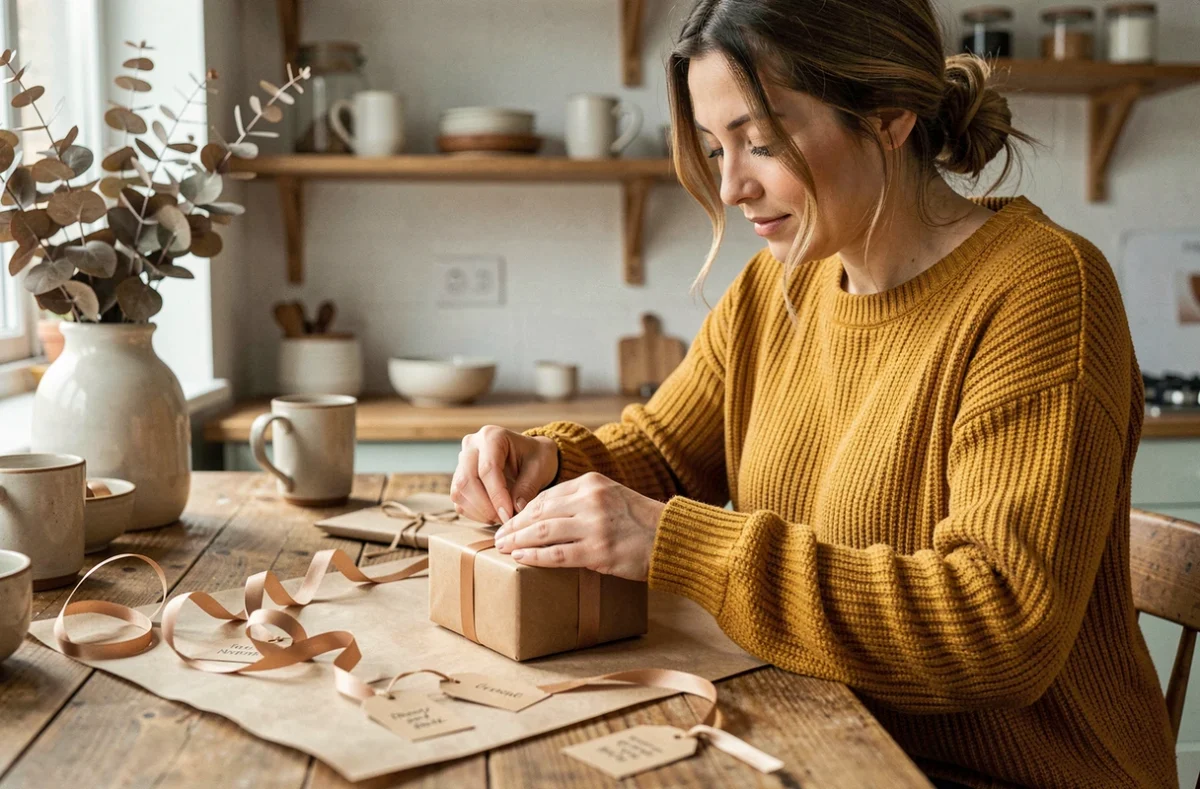 Femme préparant un cadeau personnalisé fait main dans une cuisine scandinave en bois avec rubans et étiquettes cadeaux
