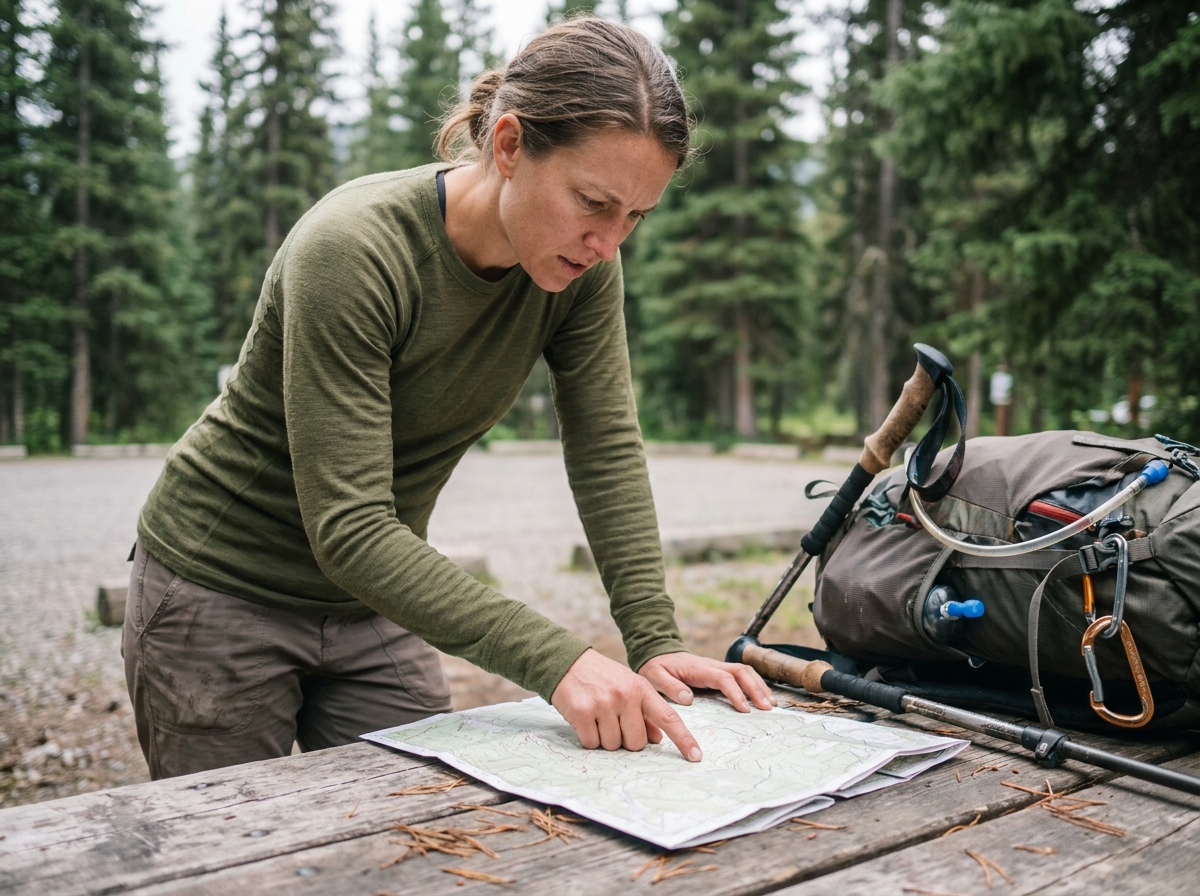 Randonneuse consultant une carte topographique au départ d'un sentier de montagne, équipée d'un sac à dos et de bâtons de randonnée