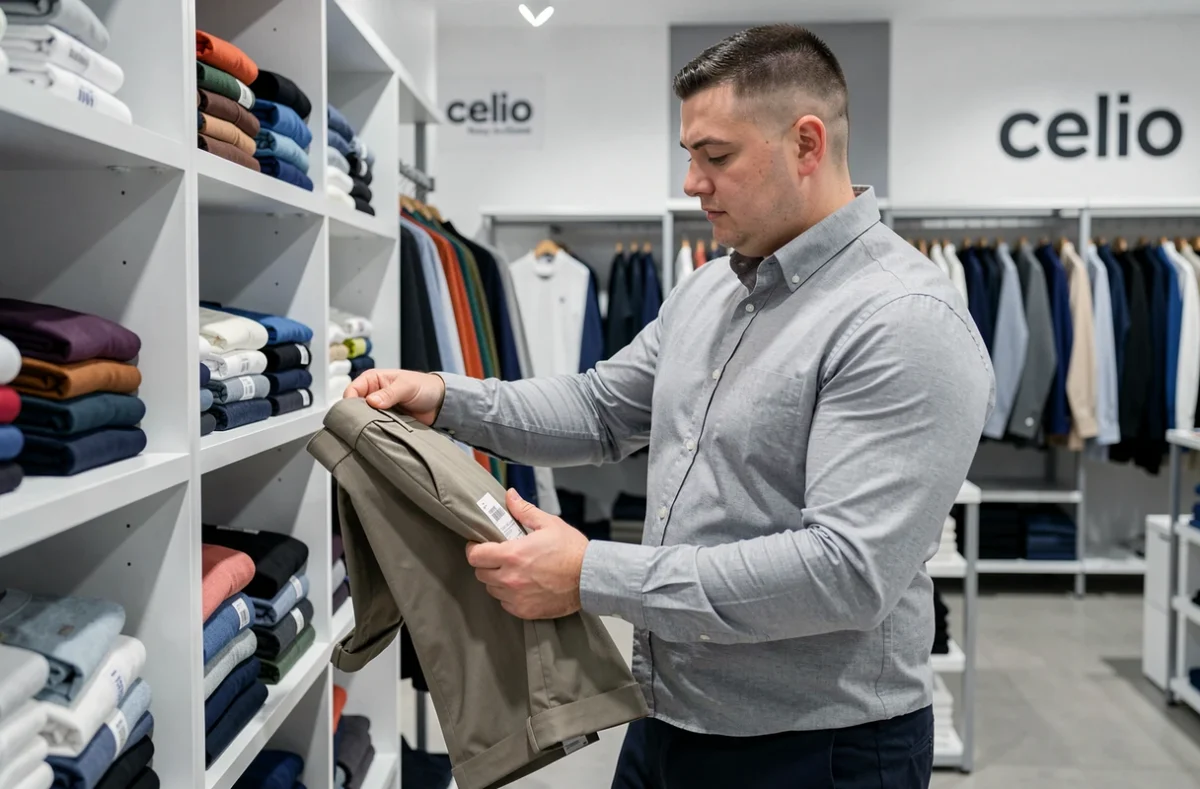 Un homme grande taille dans le rayon vêtements masculins du magasin Celio à Noisy-le-Grand