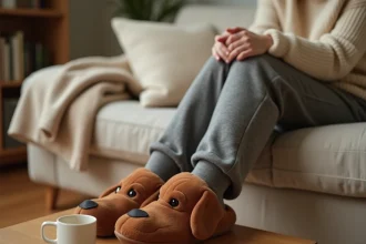 Femme portant des chaussons teckel en peluche assise sur un canapé en lin beige dans un salon cosy