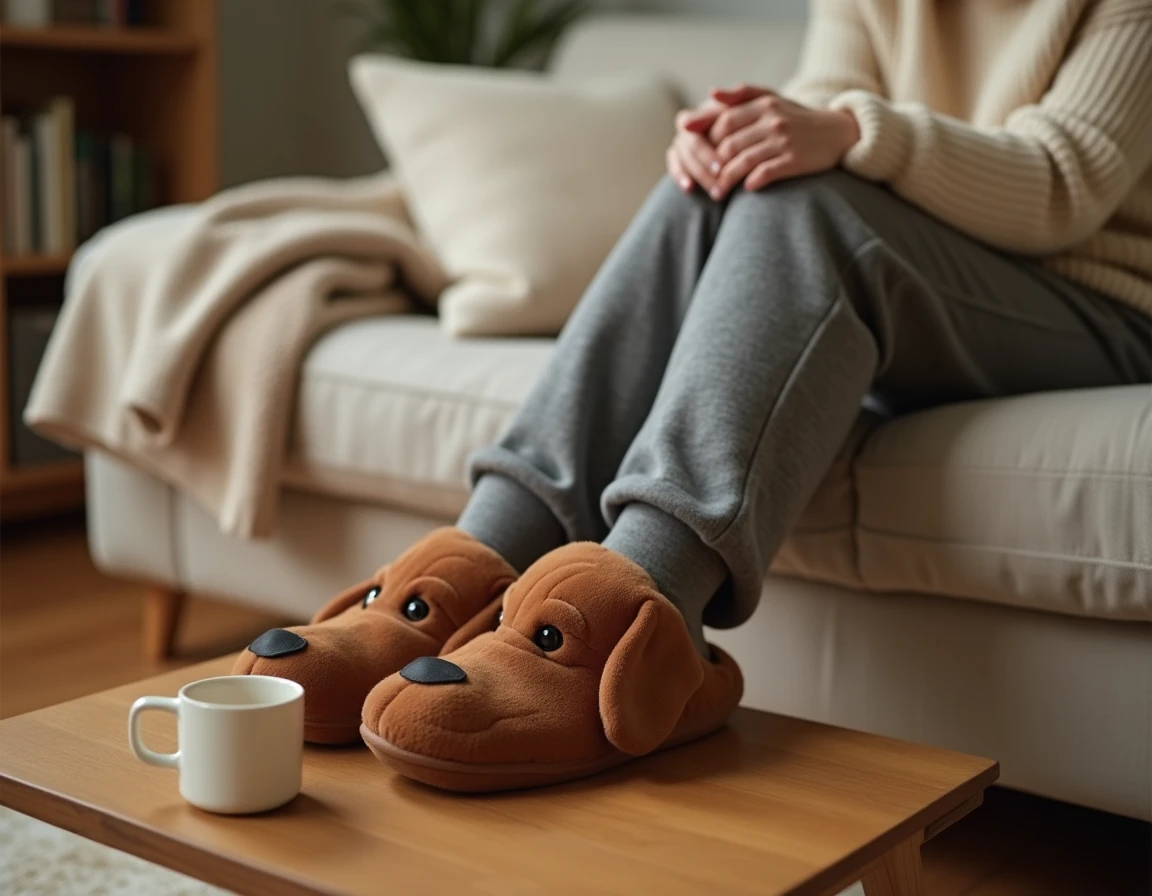 Femme portant des chaussons teckel en peluche assise sur un canapé en lin beige dans un salon cosy
