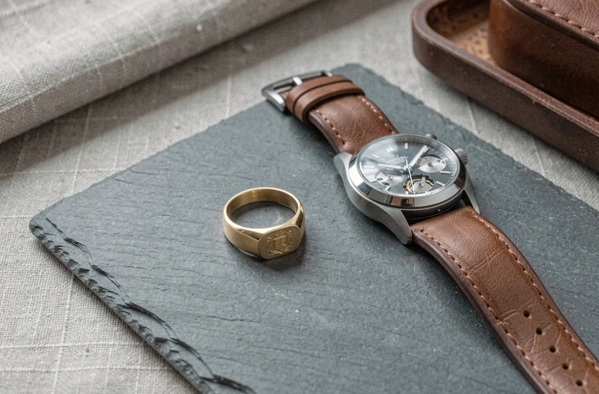 Chevalière en or pour homme posée sur ardoise grise avec montre vintage dans un flat lay minimaliste