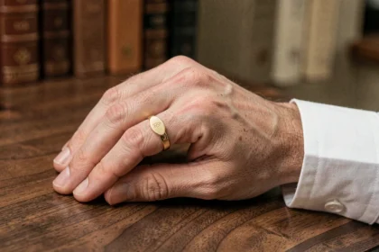 Chevalière en or discrète portée par un homme sur fond de bureau en bois noyer élégant