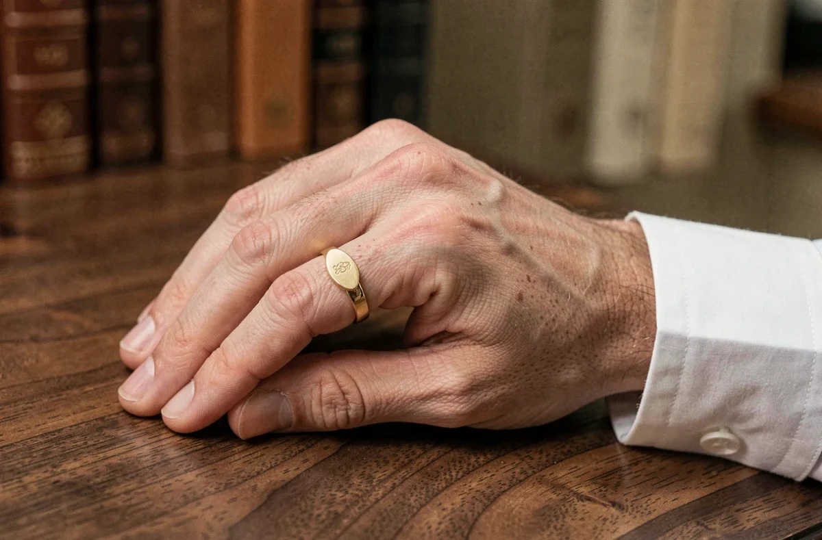 Chevalière en or discrète portée par un homme sur fond de bureau en bois noyer élégant