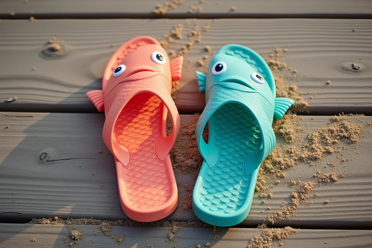 Claquettes en forme de poisson posées sur une planche de bois en bord de plage, design coloré corail et turquoise avec textures écailles détaillées