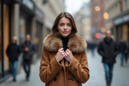 Femme portant un manteau camel avec col amovible en fausse fourrure dans une rue commer&ccedil;ante urbaine