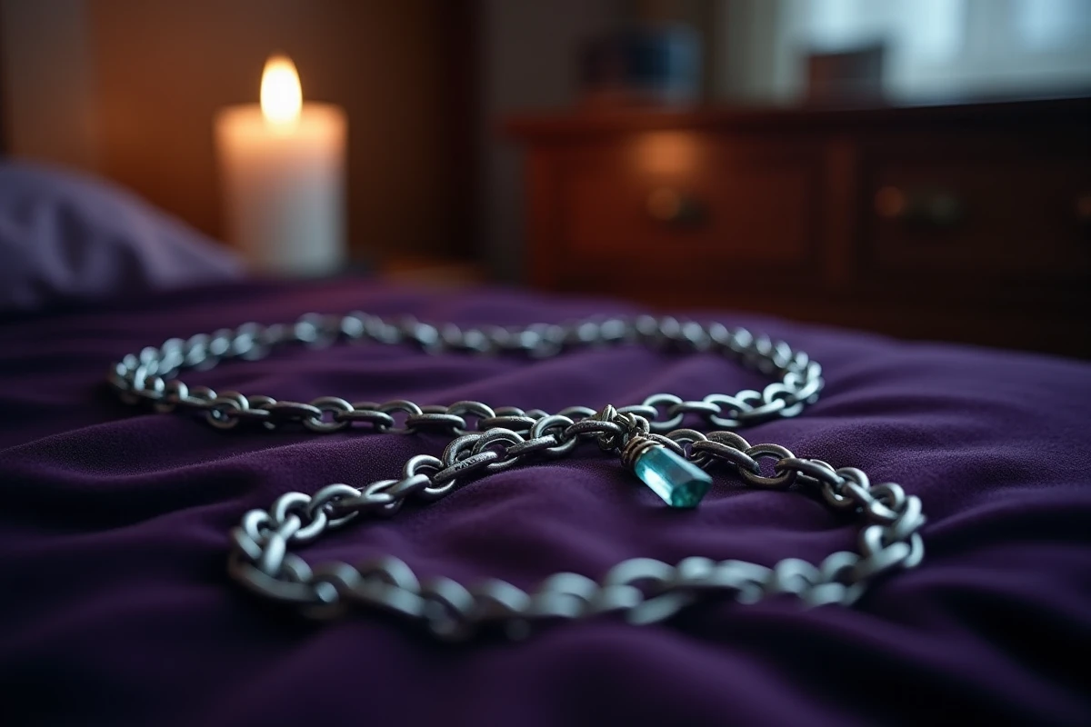 Gros plan d'un collier en argent emmêlé sur du velours sombre avec un pendentif cristal, évoquant une symbolique spirituelle