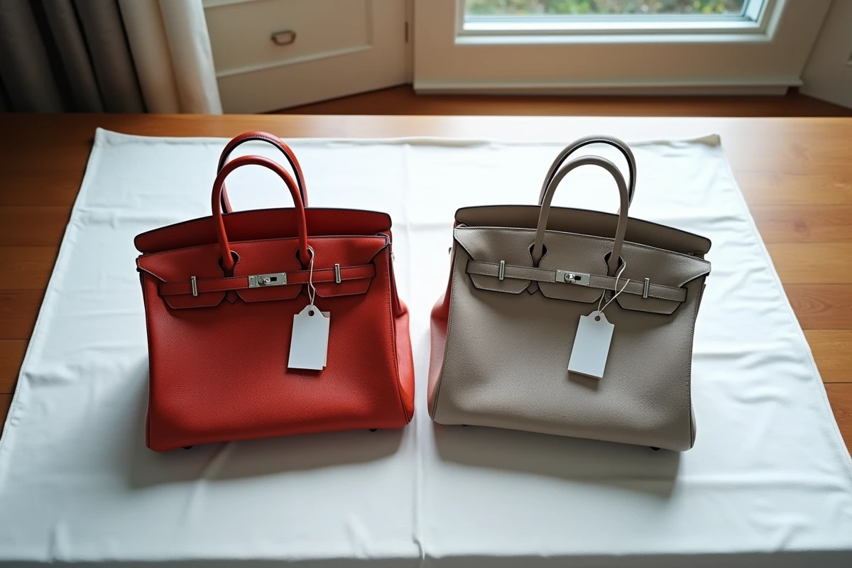 Comparaison de deux sacs Hermès Birkin 30 d'occasion côte à côte, l'un usagé et l'autre en excellent état, avec étiquettes de prix sur fond lin blanc