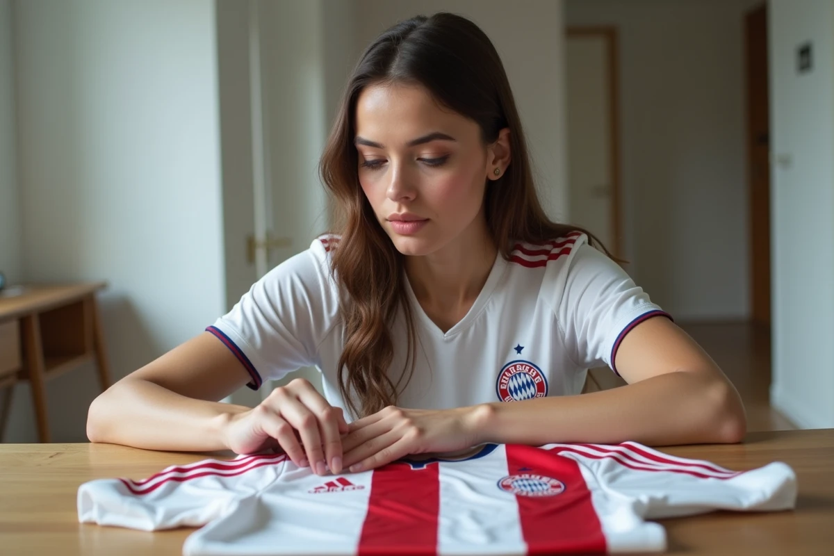 Femme comparant un maillot Bastard München premium avec une réplique standard pour évaluer les différences de qualité
