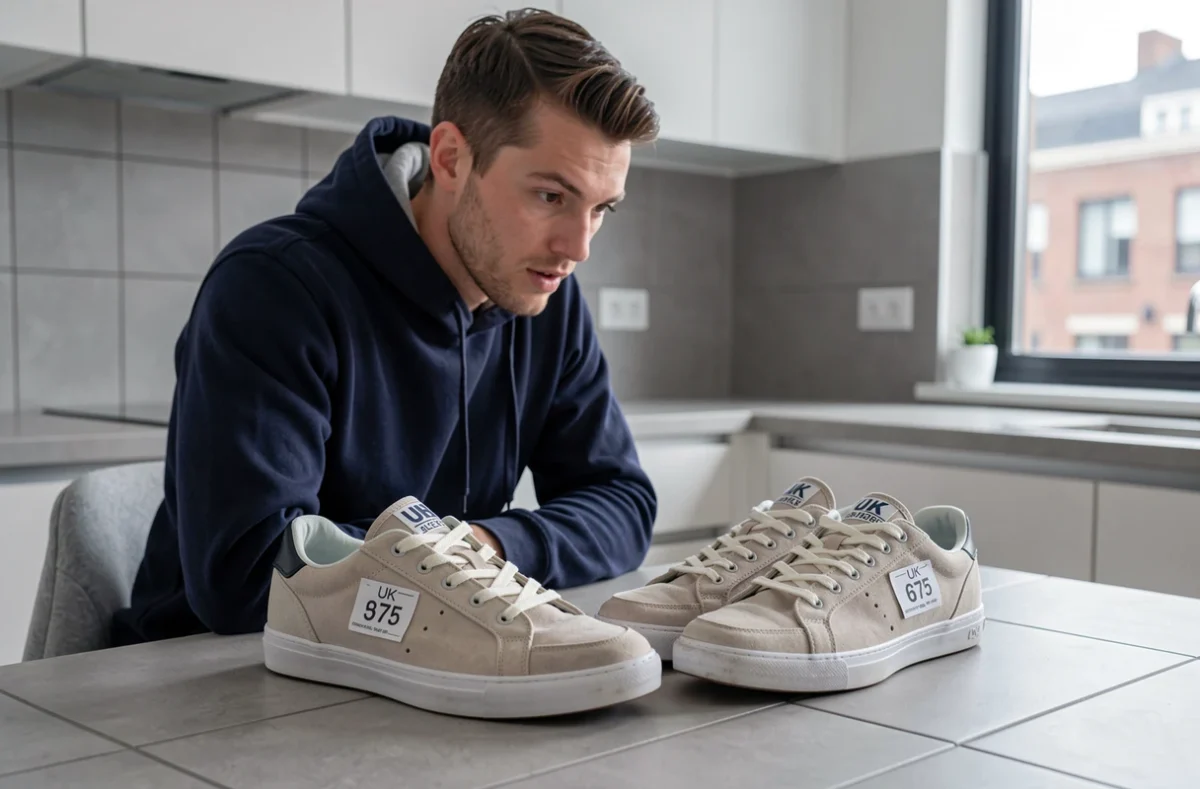 Homme comparant deux paires de baskets avec des étiquettes de tailles UK et européennes posées sur une table de cuisine