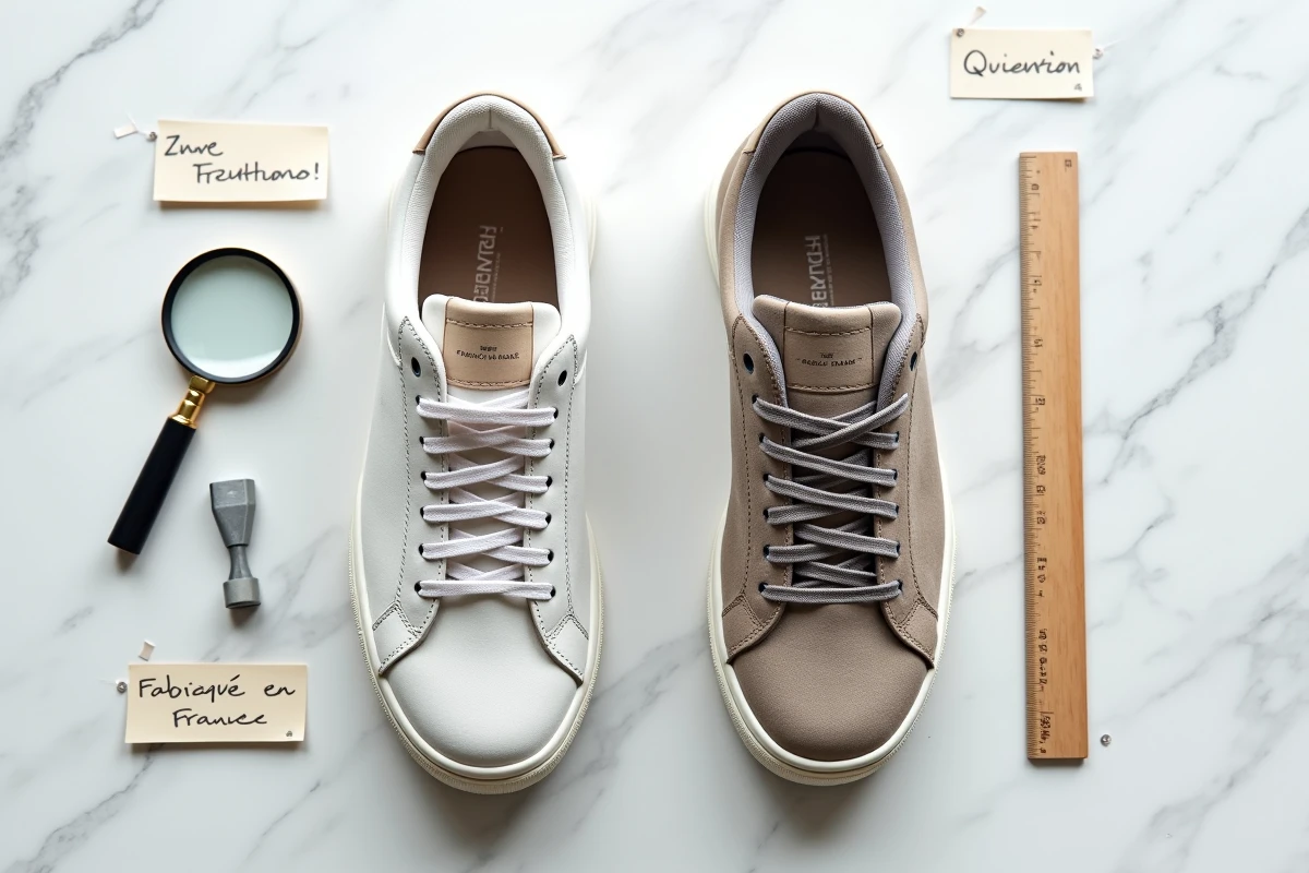 Comparaison côte à côte d'une vraie basket française et d'une imitation avec détails de couture et étiquettes pour identifier le faux made in France
