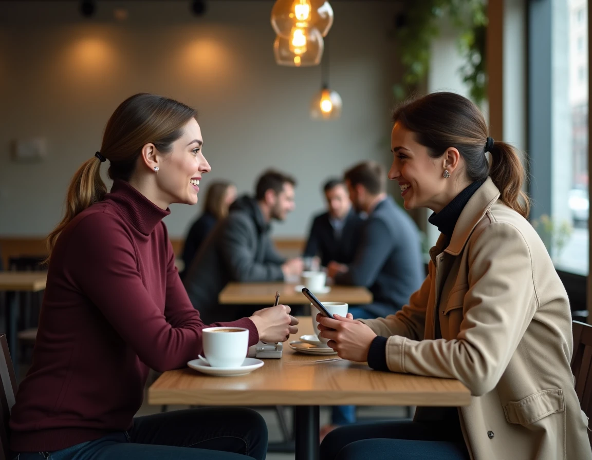 Deux femmes comparant les contacts et services de Zalando Lounge et Privé by Zalando dans un café urbain