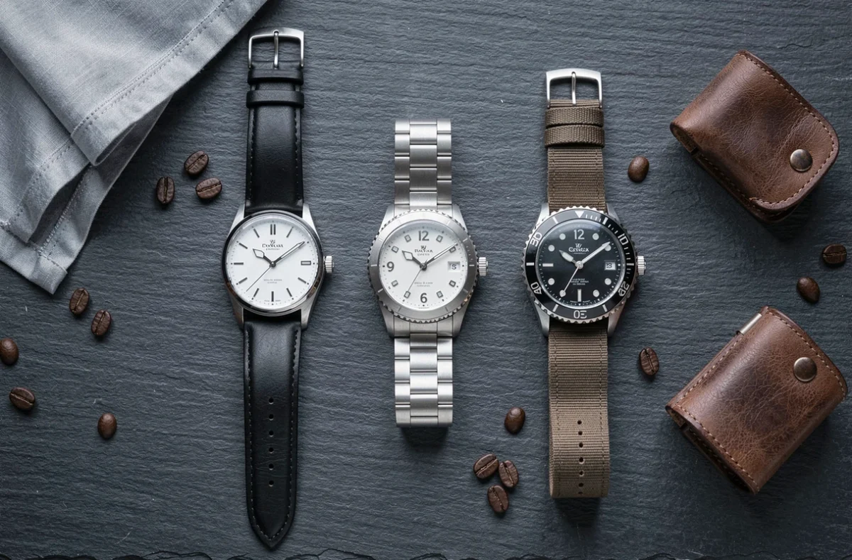 Flat-lay de trois montres aux styles variés sur ardoise avec accessoires élégants pour article comparatif