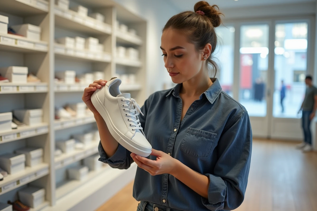 Femme examinant attentivement l'étiquette et la semelle d'une basket dans une boutique de chaussures pour vérifier son origine française