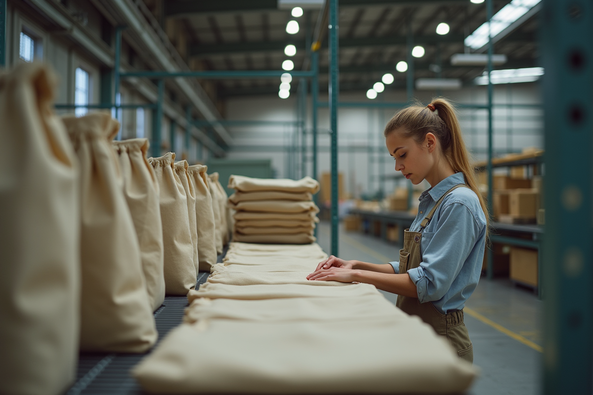 Jeune femme inspectant des sacs en toile dans l