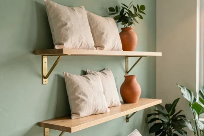 Salon avec mur en vert d'eau mat associé à des étagères en chêne et accessoires laiton brossé pour un rendu chic et contemporain