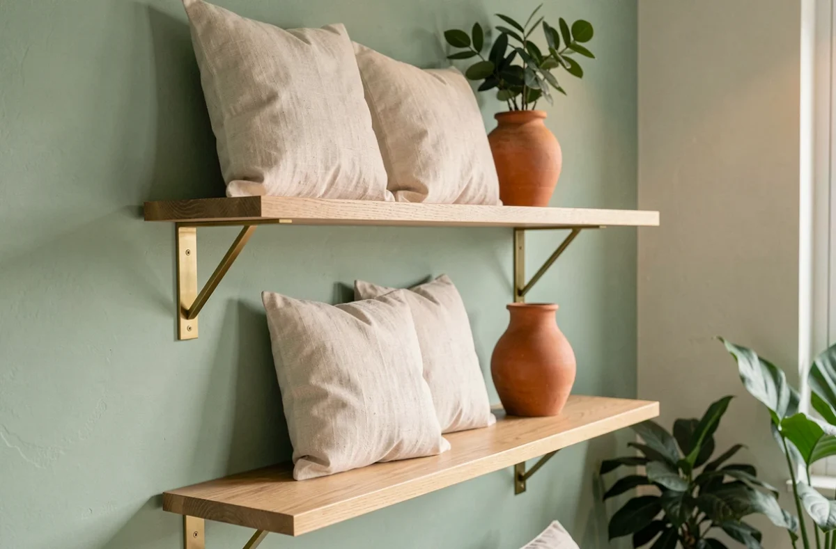 Salon avec mur en vert d'eau mat associé à des étagères en chêne et accessoires laiton brossé pour un rendu chic et contemporain