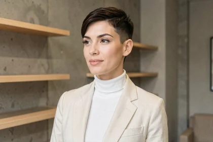 Femme de 34 ans avec une coupe pixie courte moderne et un sous-coupe net, portant un blazer en lin crème dans un salon minimaliste contemporain